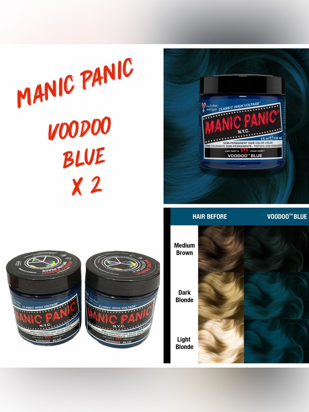 Manic Panic Voodoo Blue Semi-Permanent Hair Color Cream – New, SEALED